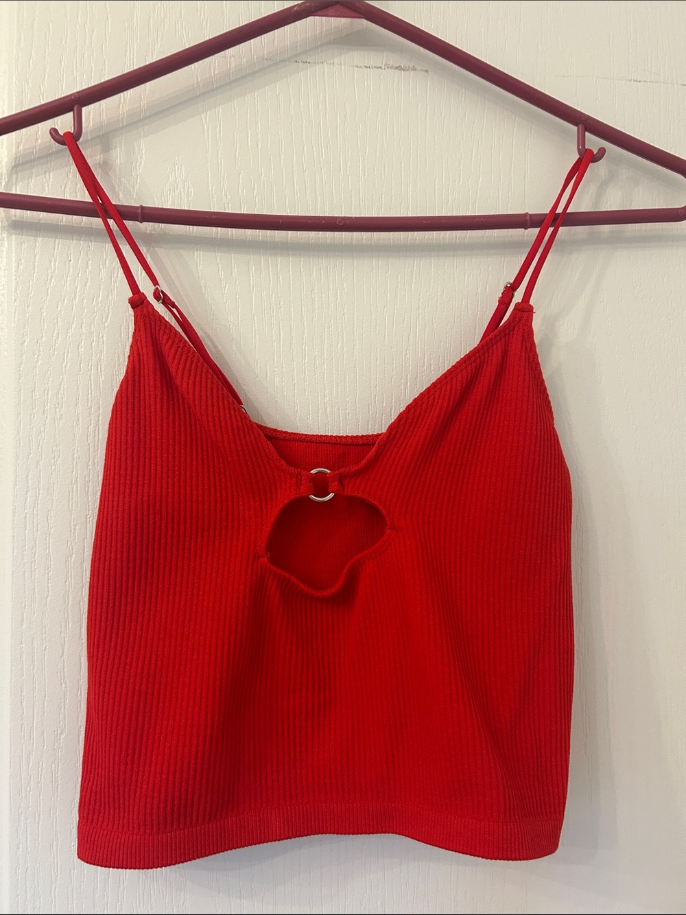 Free People Red Ribbed Ring-Front Cami Tank Top